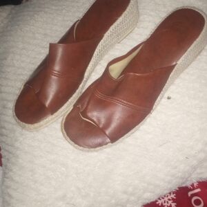 Brown Leather Women's Slip-On Open Toe Shoes